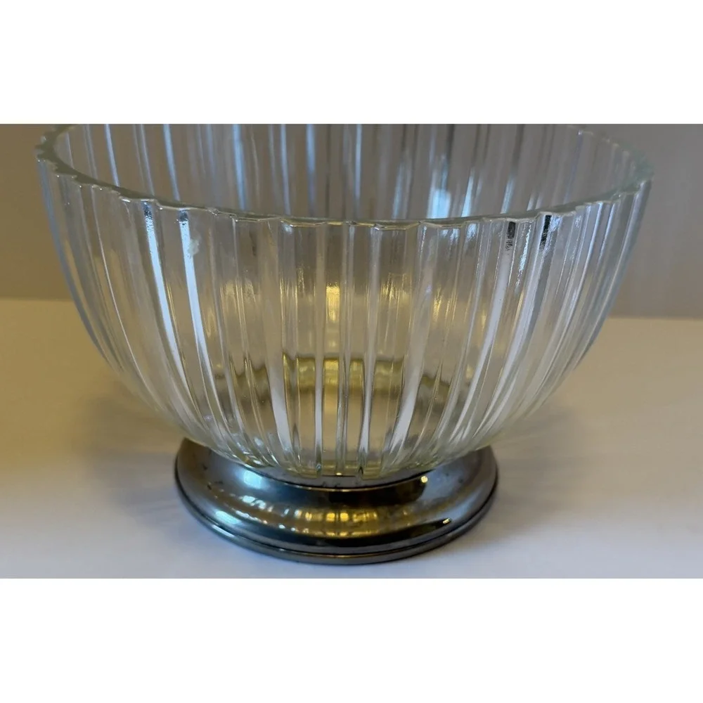 Vintage Made in Italy Ribbed Glass Pedestal Bowl Chrome Base Centerpiece Fruit